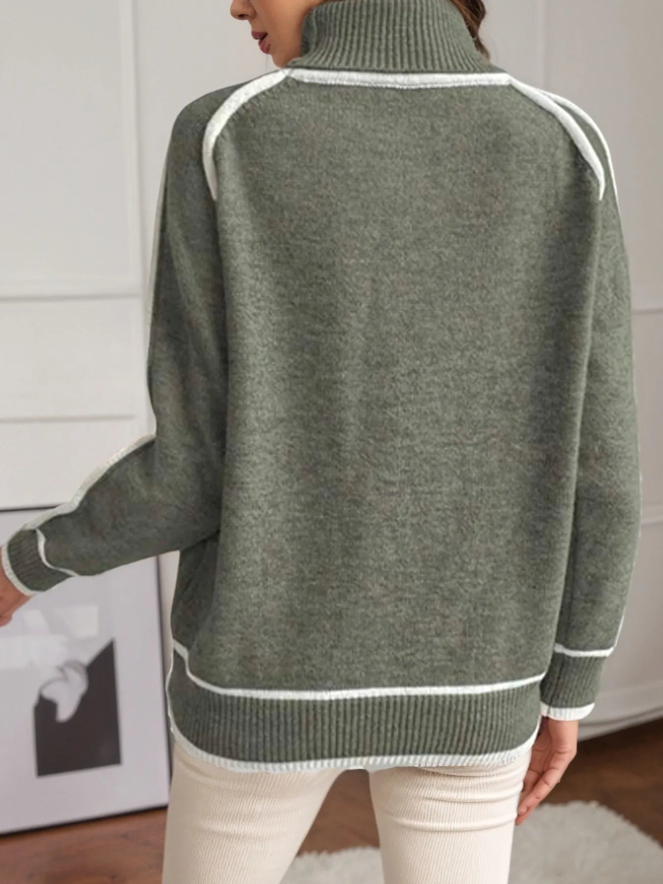 Sarah Express Women's Turtleneck Contrast Trim Sweater with Ribbed Details