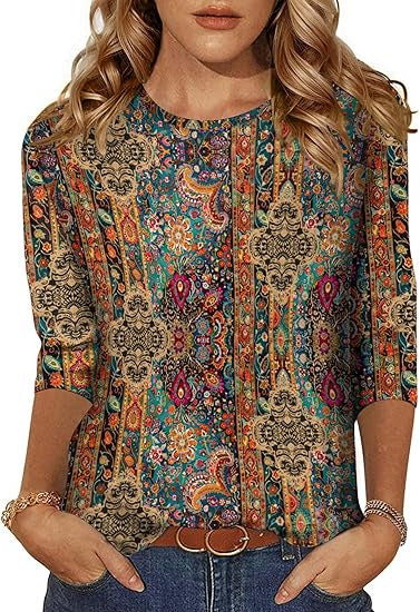 Women's Three-Quarter Sleeve Floral Print T-Shirt Top