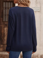 Sarah Express Women's V-Neck Long Sleeve T-Shirt - Button Detail Casual Top