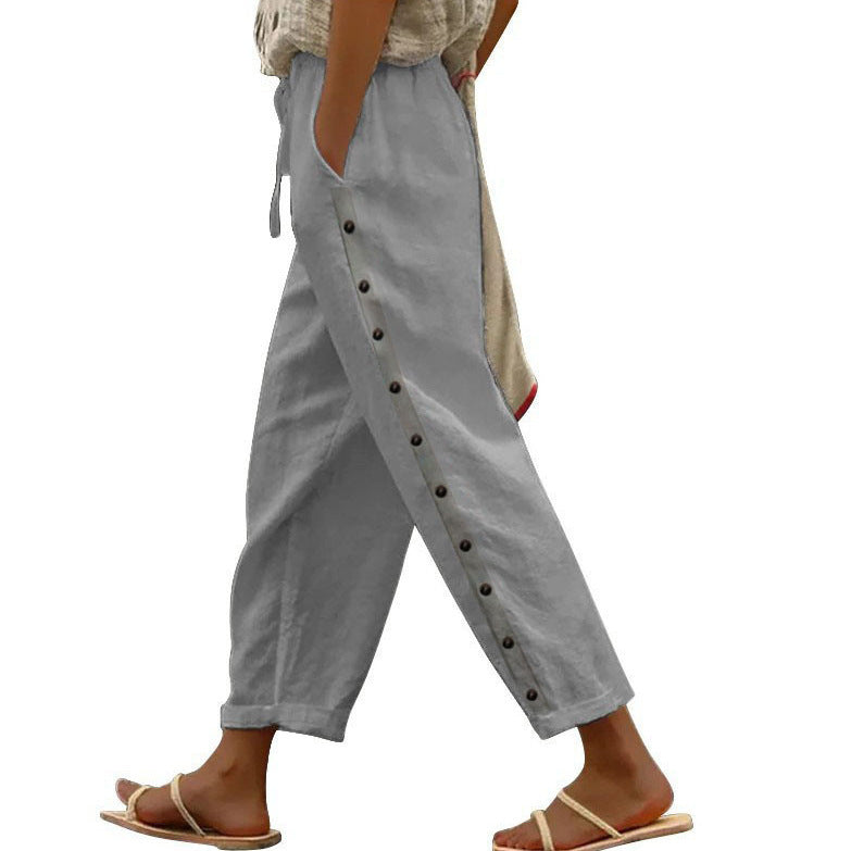 Women's Cotton Linen Cropped Pants Elastic Waist Loose Fit
