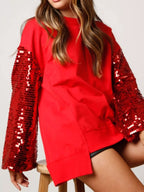 Sarah Express Women's Sequin Long Sleeve Round Neck Sweatshirt - Oversized Sparkle Top