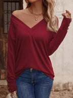 Sarah Express Women's V-Neck Long Sleeve T-Shirt - Button Detail Casual Top