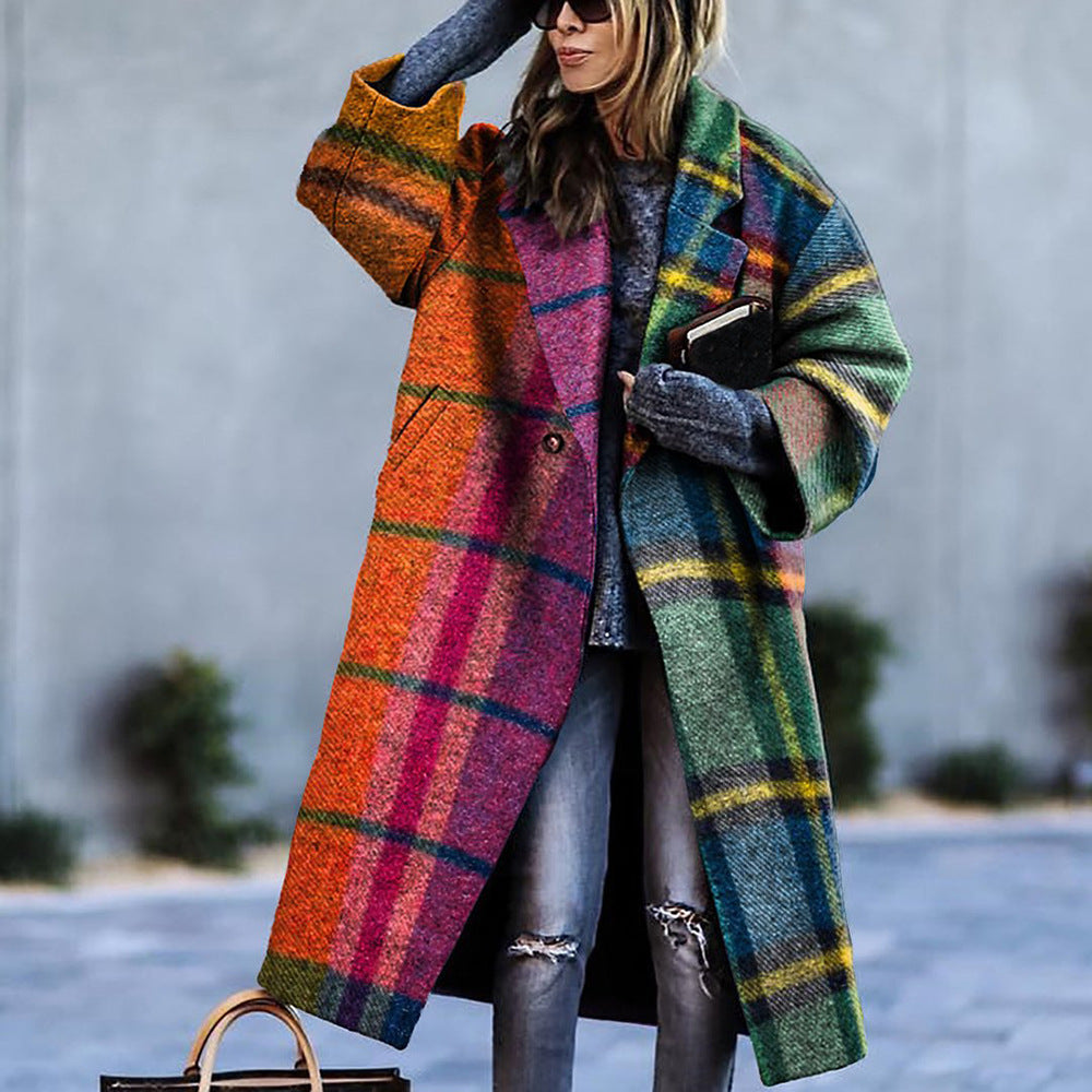 Women's Plaid Print Long Sleeve Coat Loose Fit Outerwear