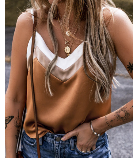 Khaki Chevron Color Block Tank Top Spaghetti Straps Sleeveless