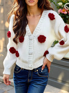 Sarah Express Women's Rose Embellished V-Neck Cardigan - Button Front Sweater