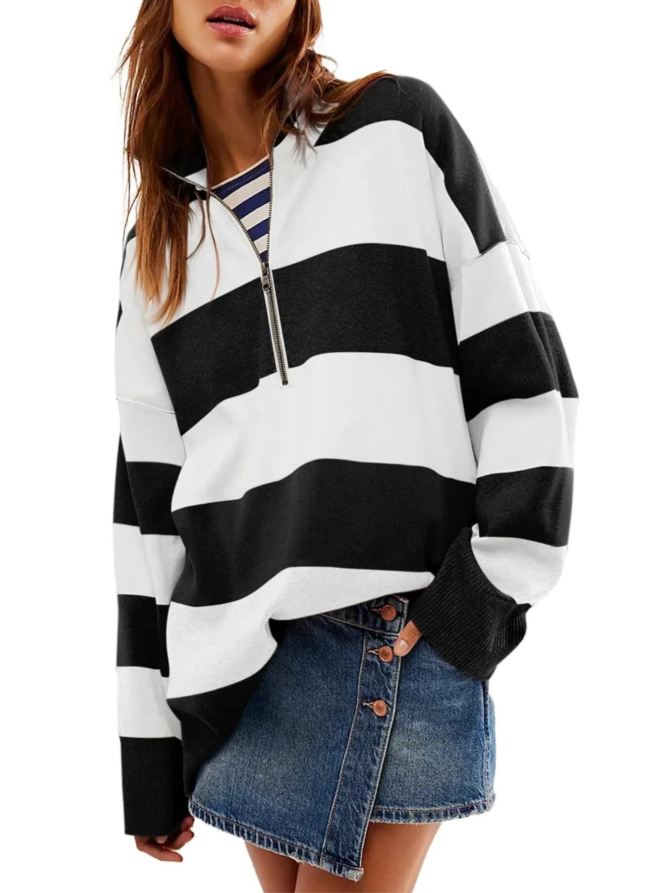 Sarah Express Women's Striped Half-Zip Oversized Sweatshirt - Retro Color Block Pullover