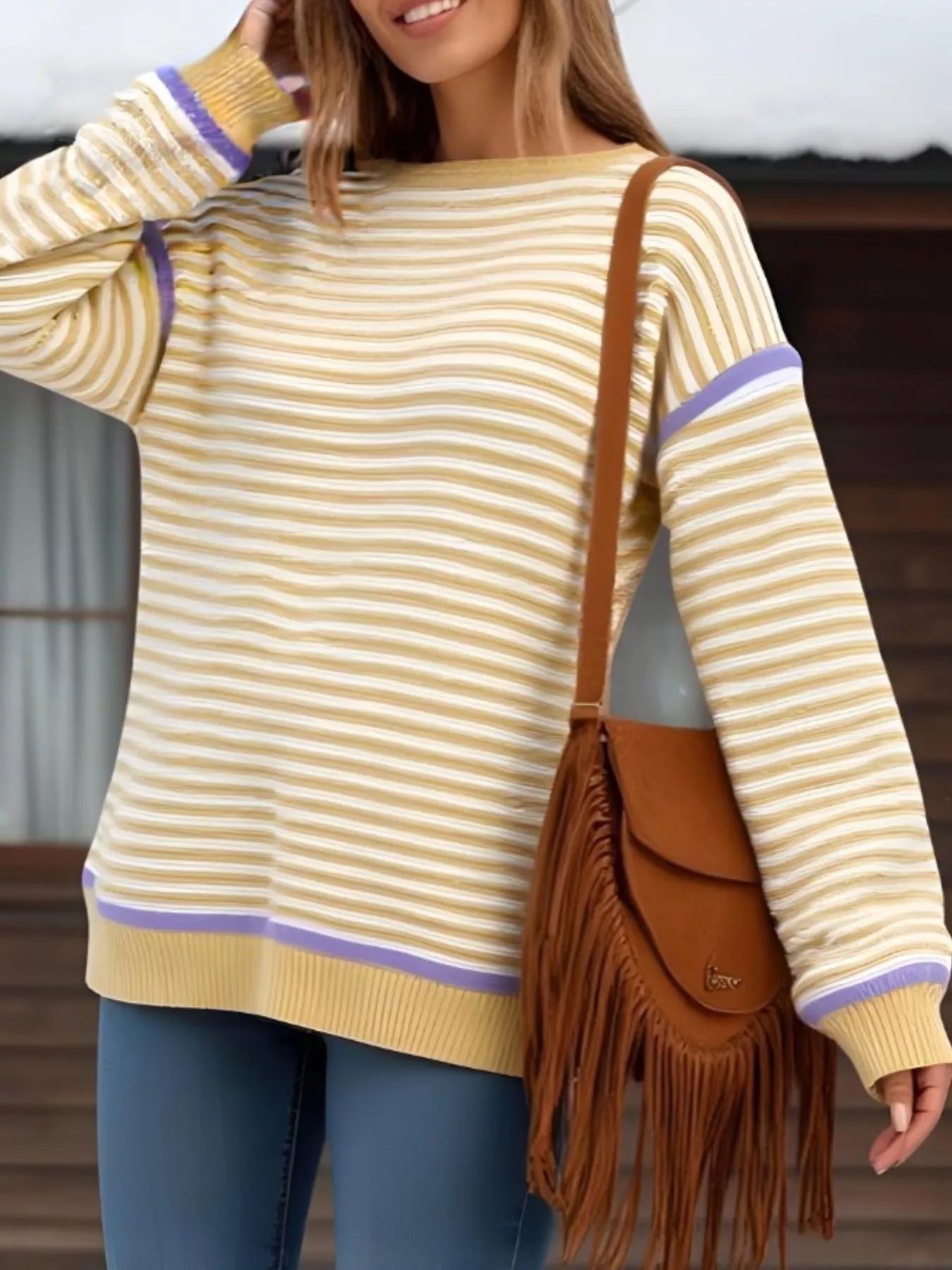 Sarah Express Women's Striped Round Neck Long Sleeve Sweater - Ribbed Knit Pullover