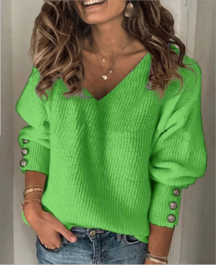 Women's Knitted V-Neck Long Sleeve T-Shirt Loose Fit