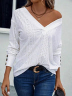 Sarah Express Women's Eyelet V-Neck Long Sleeve Blouse White