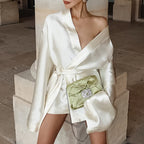 V-Neck Lace-Up Satin A-Line Dress Long Sleeve