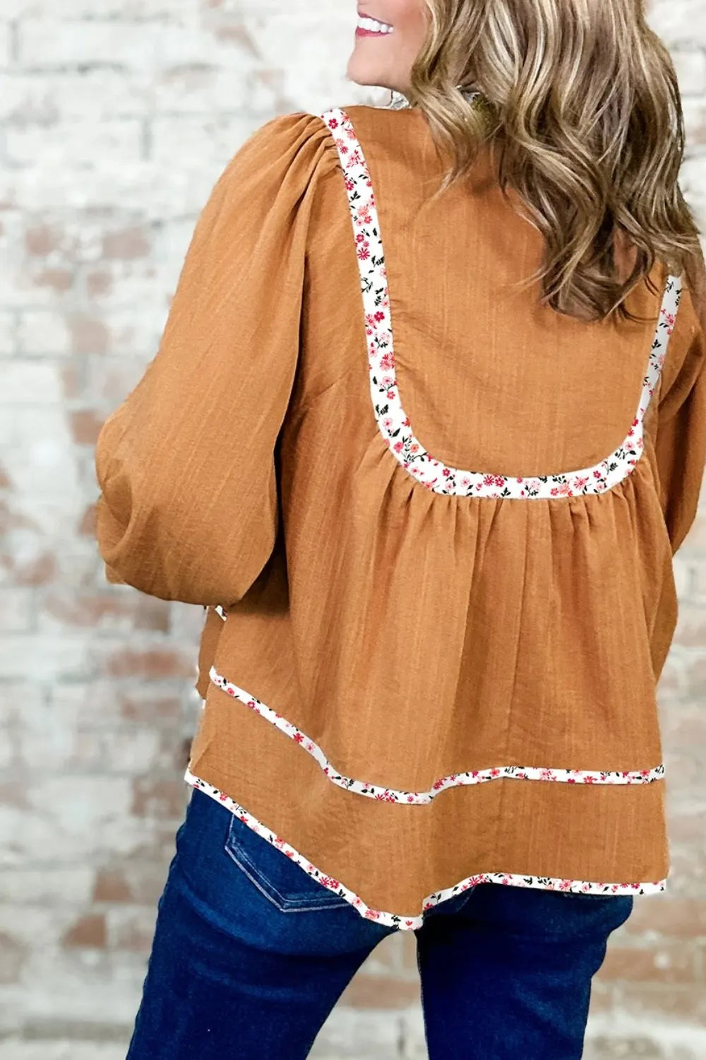 Sarah Express Women's Floral Trim Long Sleeve Blouse - Elegant Tied Detail Top