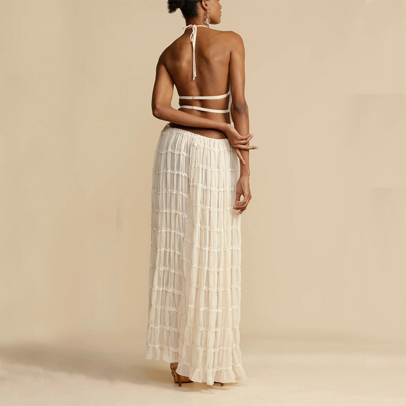 Women's Two-Piece Halter Top Pleated Maxi Skirt Set Backless Cropped Beach Outfit