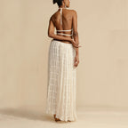 Women's Two-Piece Halter Top Pleated Maxi Skirt Set Backless Cropped Beach Outfit