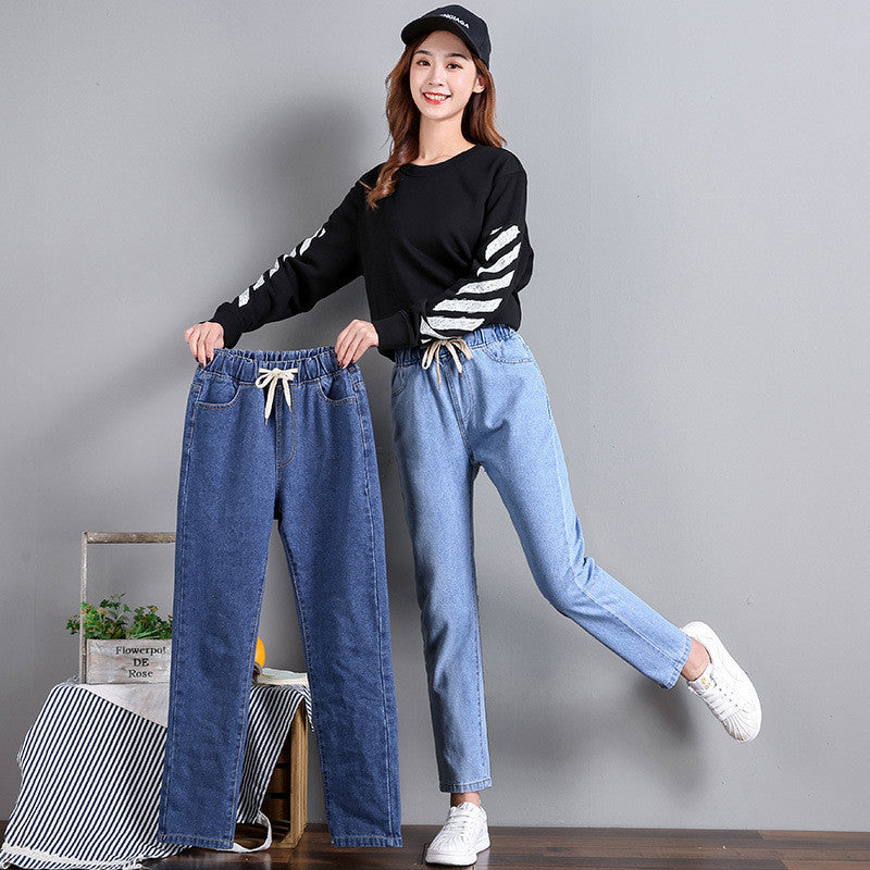 Women's High Waist Straight Leg Cropped Denim Jeans Elastic Waist