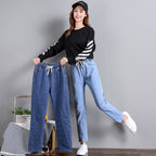 Women's High Waist Straight Leg Cropped Denim Jeans Elastic Waist
