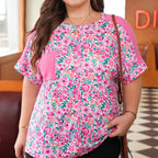 Women's Plus Size Floral Print Corded Patchwork Loose Top
