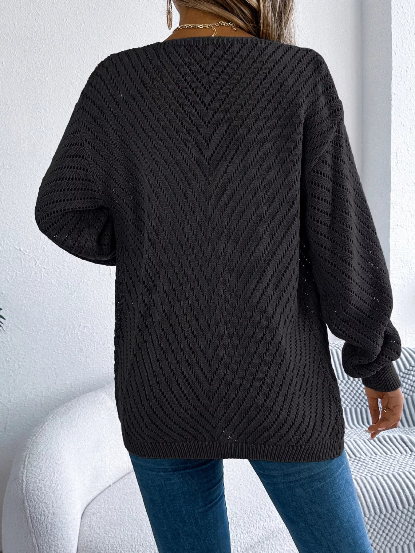 Sarah Express Women's Openwork Open-Front Long Sleeve Cardigan