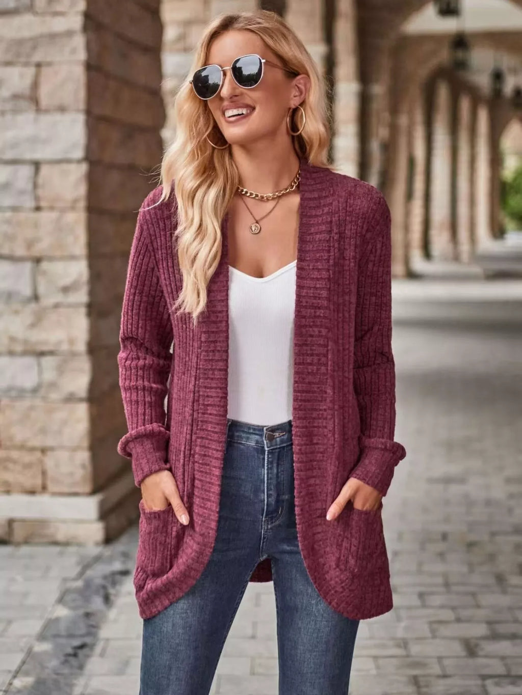 Sarah Express Women's Open Front Ribbed Knit Cardigan