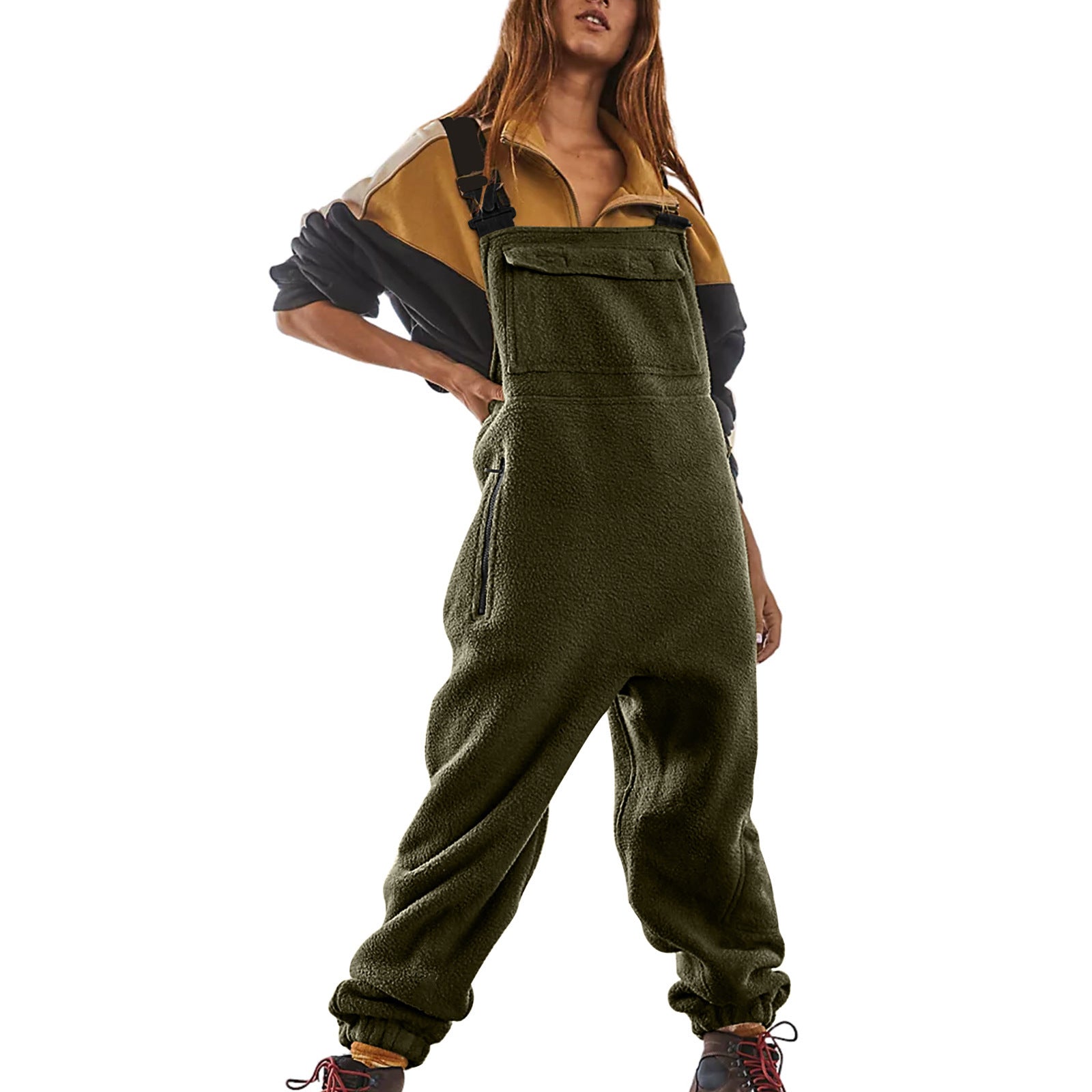 Polar Fleece Workwear Jumpsuit Suspender Overalls Wide Waist