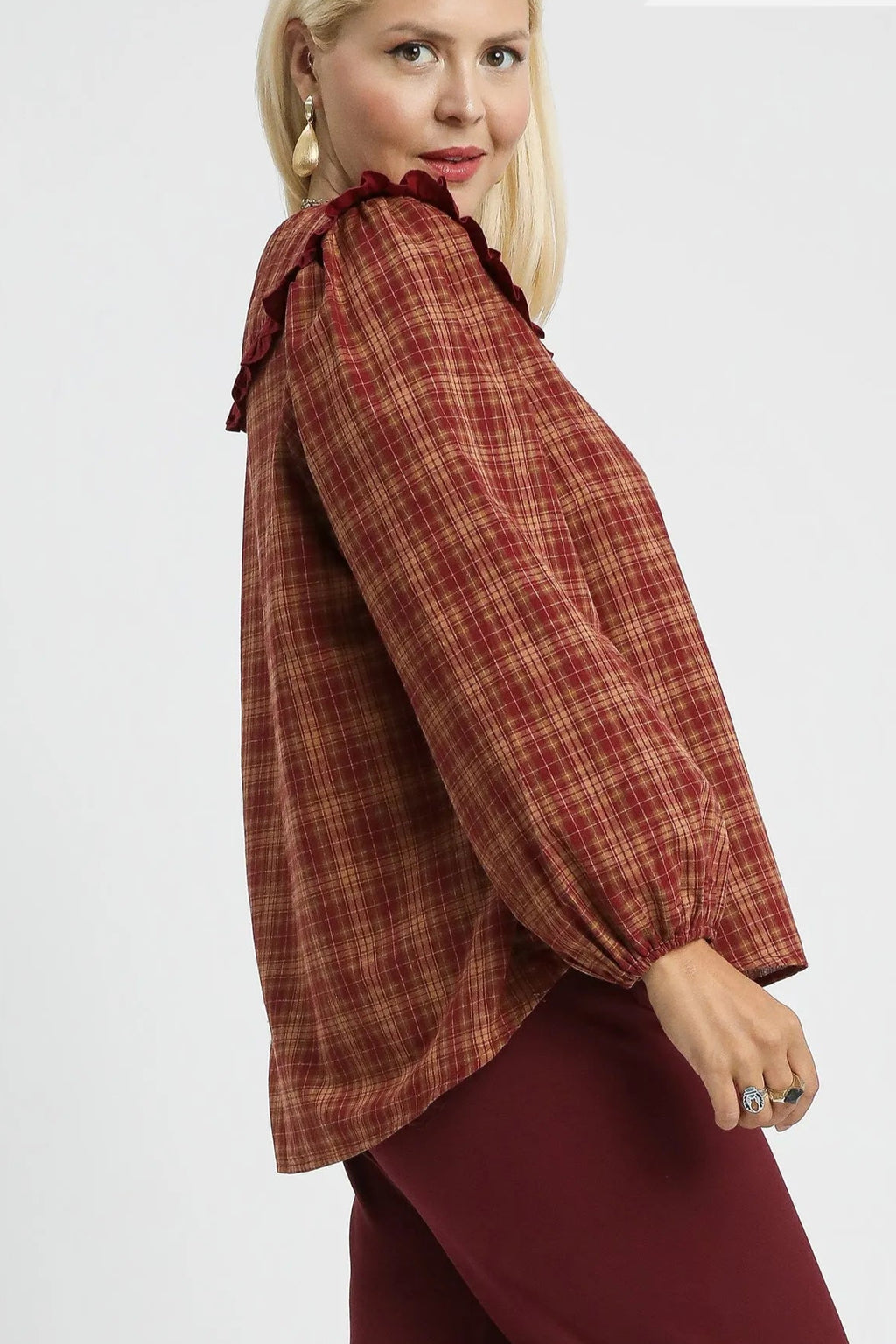 Sarah Express Women’s Plus Size Plaid Ruffle Collar Blouse Casual Fall Winter