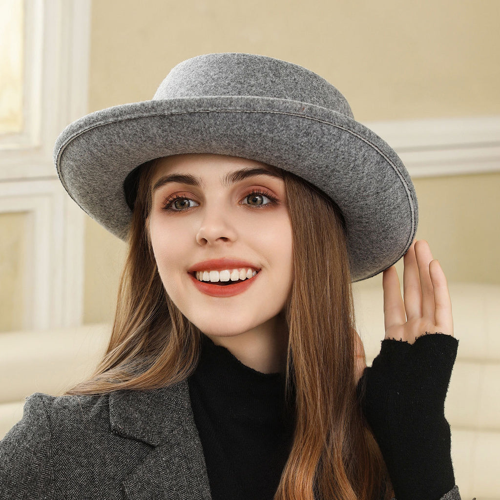 Vintage Flat Top Hat with Bow British Retro Style Women's Fall Winter Cap