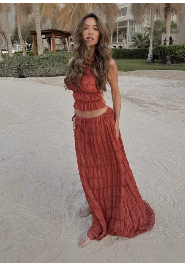 Women's Two-Piece Halter Top Pleated Maxi Skirt Set Backless Cropped Beach Outfit