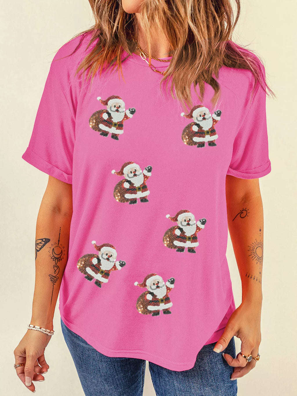 Sarah Express Women's Santa Claus Deliver Gifts Sequin Short Sleeve Tee