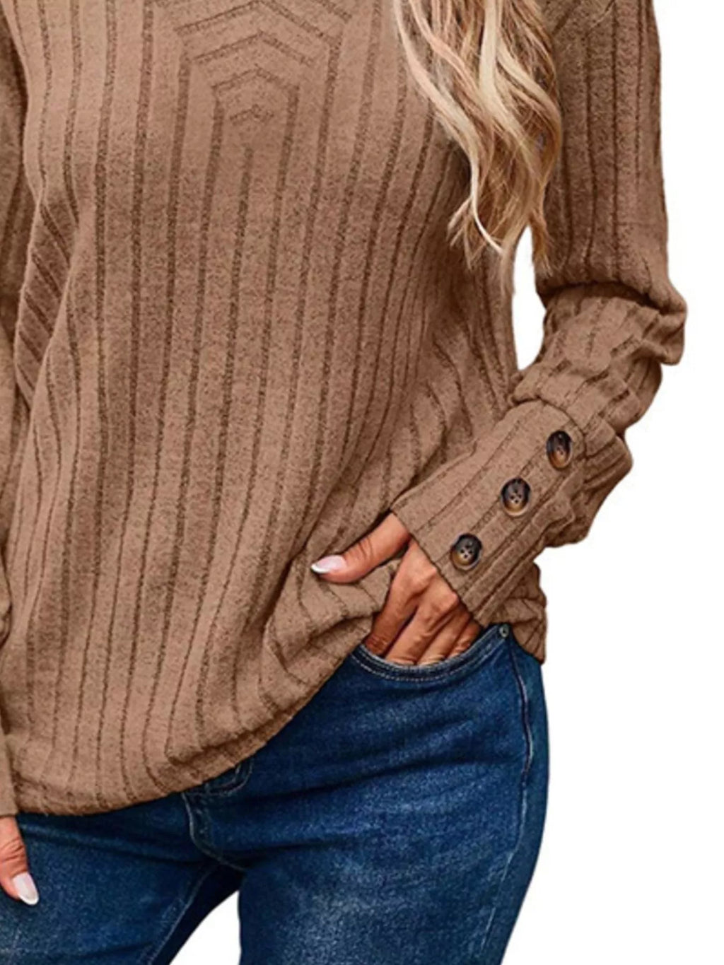 Sarah Express Women's Ribbed V-Neck Long Sleeve Top