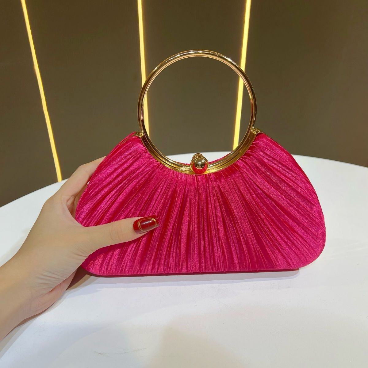 Sarah Express Elegant Satin Pleated Evening Clutch Bag - Cheongsam Style Formal Handbag with Hasp Lock Wine Red