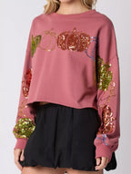 Sarah Express Women's Sequined Pumpkin Halloween Crop Sweatshirt