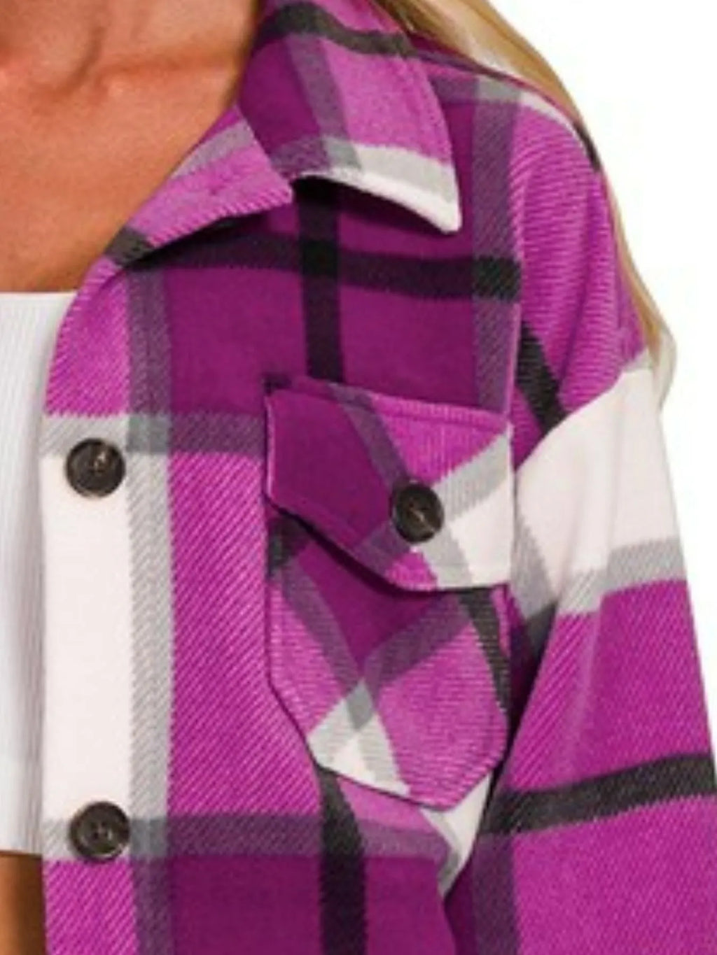 Sarah Express Women's Oversized Plaid Fleece Shacket - Purple Button-Front for Fall & Winter