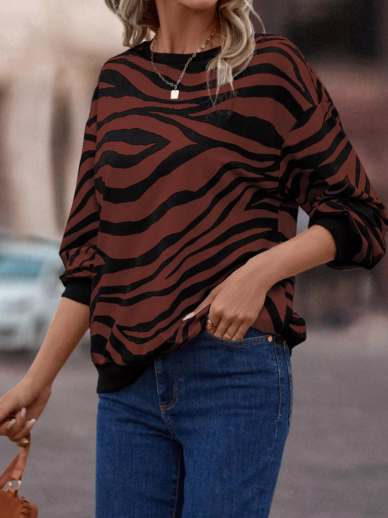 Sarah Express Women's Zebra Print Round Neck Casual Sweatshirt Brown