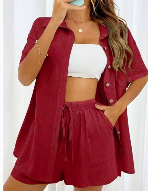 Women's Two-Piece Shirt & Shorts Set - Solid Color Cotton Coordinated Suit