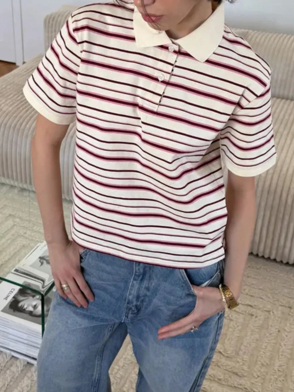 Sarah Express Women's Striped Polo T-Shirt with Contrast Collar