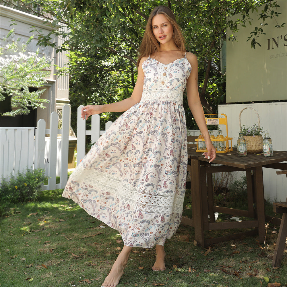 Women's Sleeveless Floral Suspender Maxi Dress