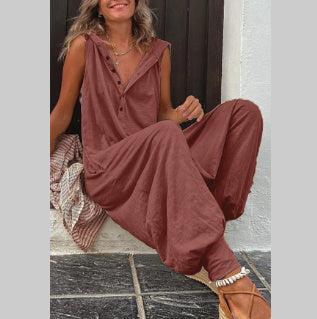 Button-Front Hooded Sleeveless Jumpsuit with Trousers