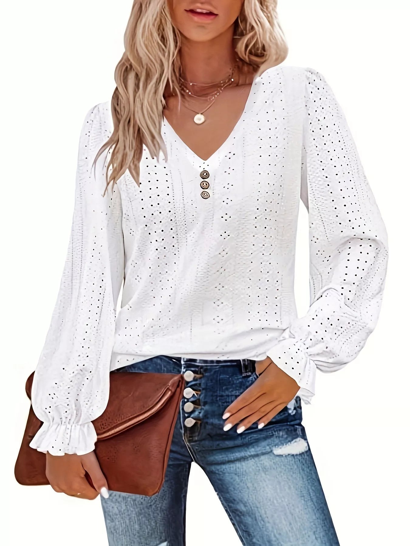 Sarah Express Women's Plus Size Eyelet V-Neck Flounce Sleeve Blouse White