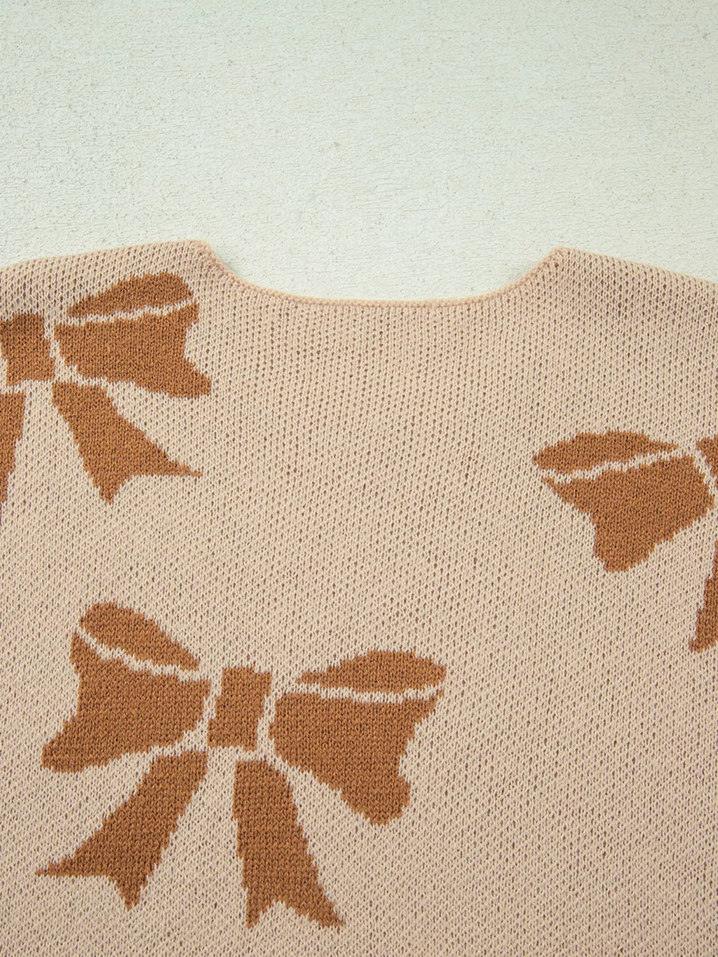 Sarah Express Women's Ribbon Bow Checkered Striped Sleeve Drop Shoulder Sweater