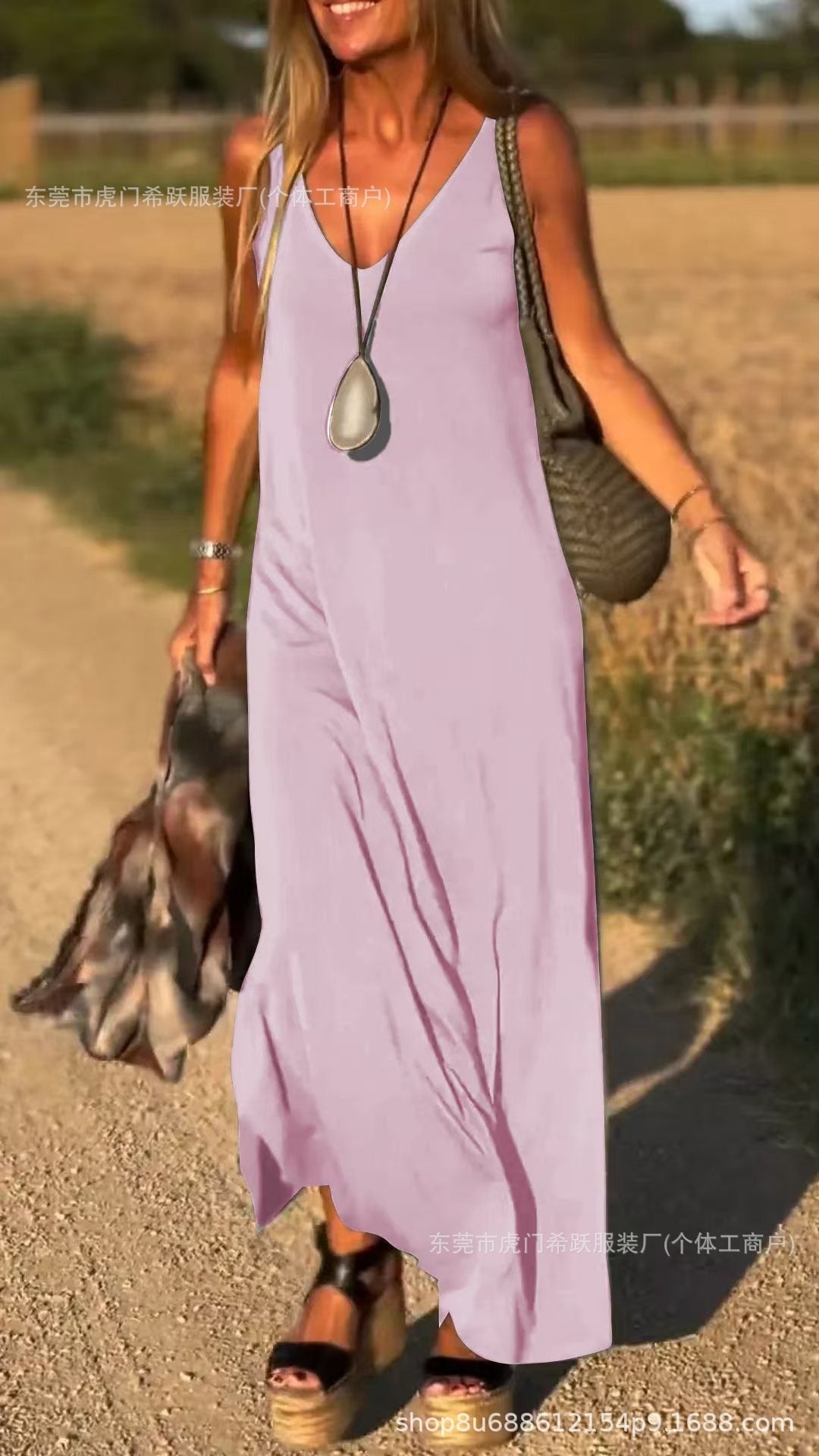 Women's V-Neck Cami Strap Maxi Dress Sleeveless Wide Waist Long Casual Summer Dress