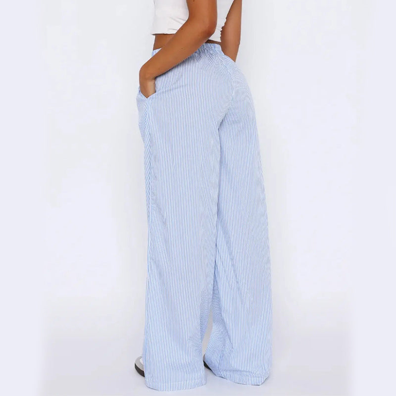 Women's Striped Wide Leg Pants - High Waist Straight Trousers with Pockets