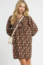 Sarah Express women’s floral tie-neck babydoll dress with ruched details.