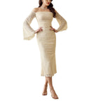 Women's Off Shoulder Lace Midi Dress Bell Sleeve Bodycon Fit