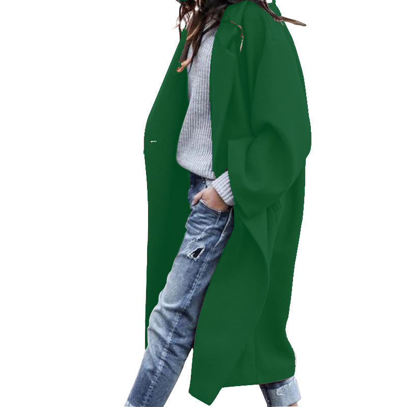 Women's Single Breasted Woolen Lapel Coat with Pockets Long Winter Jacket