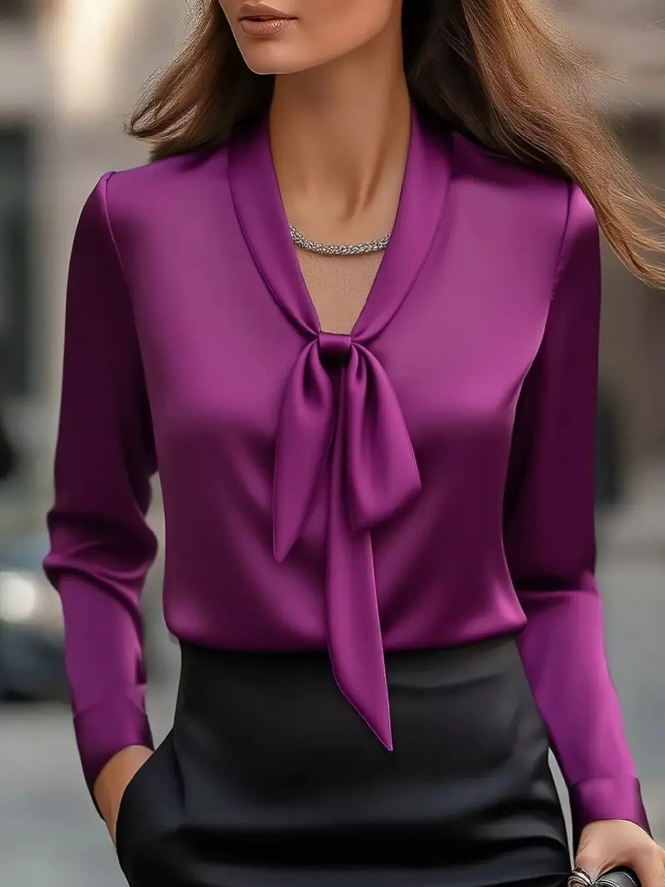 Sarah Express Women's Satin Tie Front Long Sleeve Blouse Purple