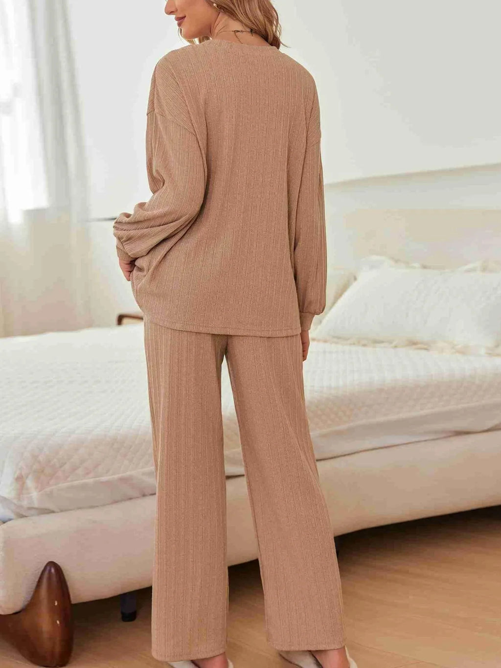 Sarah Express Women's Ribbed Knit Top and Pants Lounge Set with Button Detail