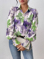 Sarah Express Women's Printed Button Up Lantern Sleeve Shirt Violet