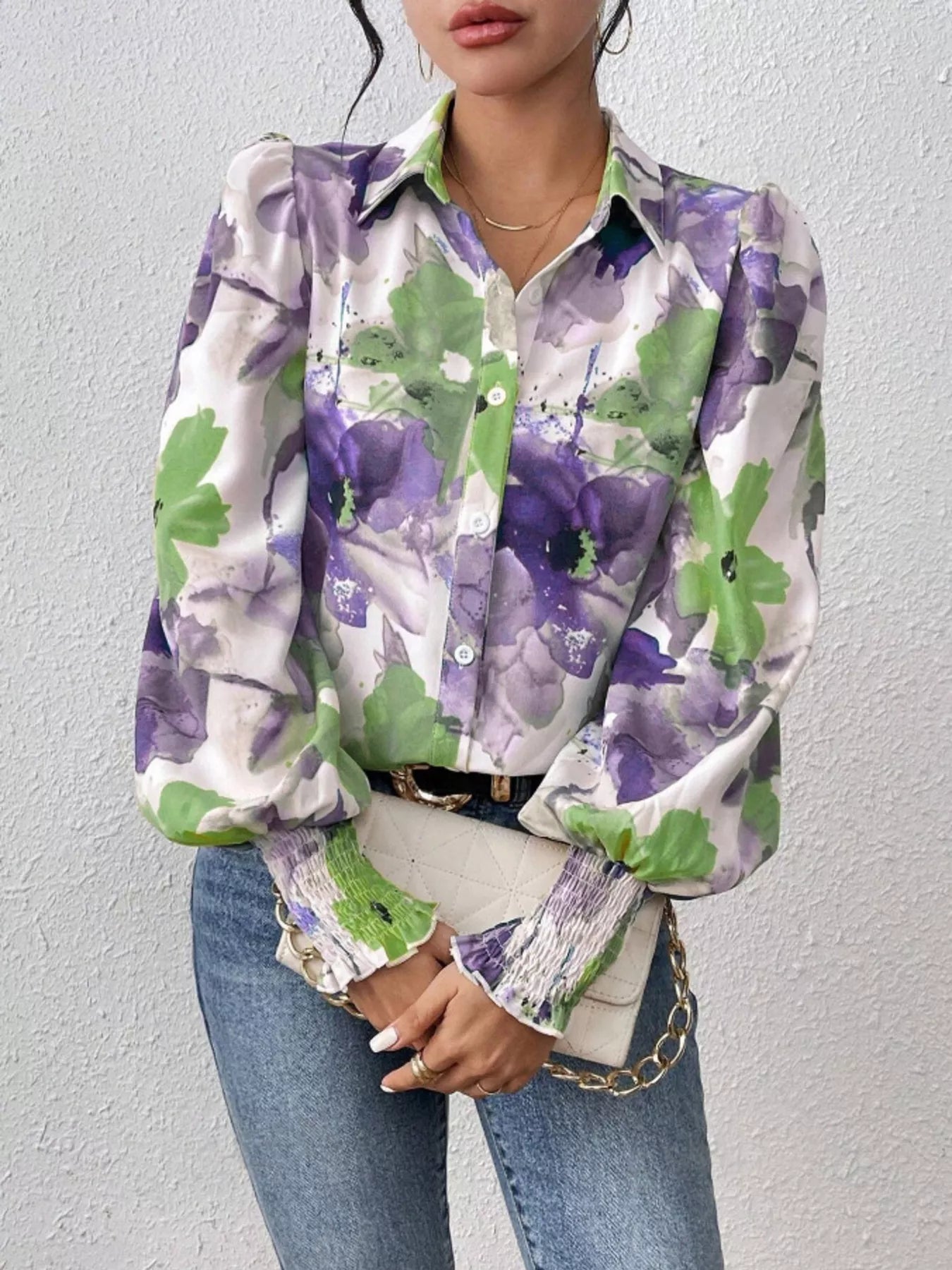 Sarah Express Women's Printed Button Up Lantern Sleeve Shirt Violet