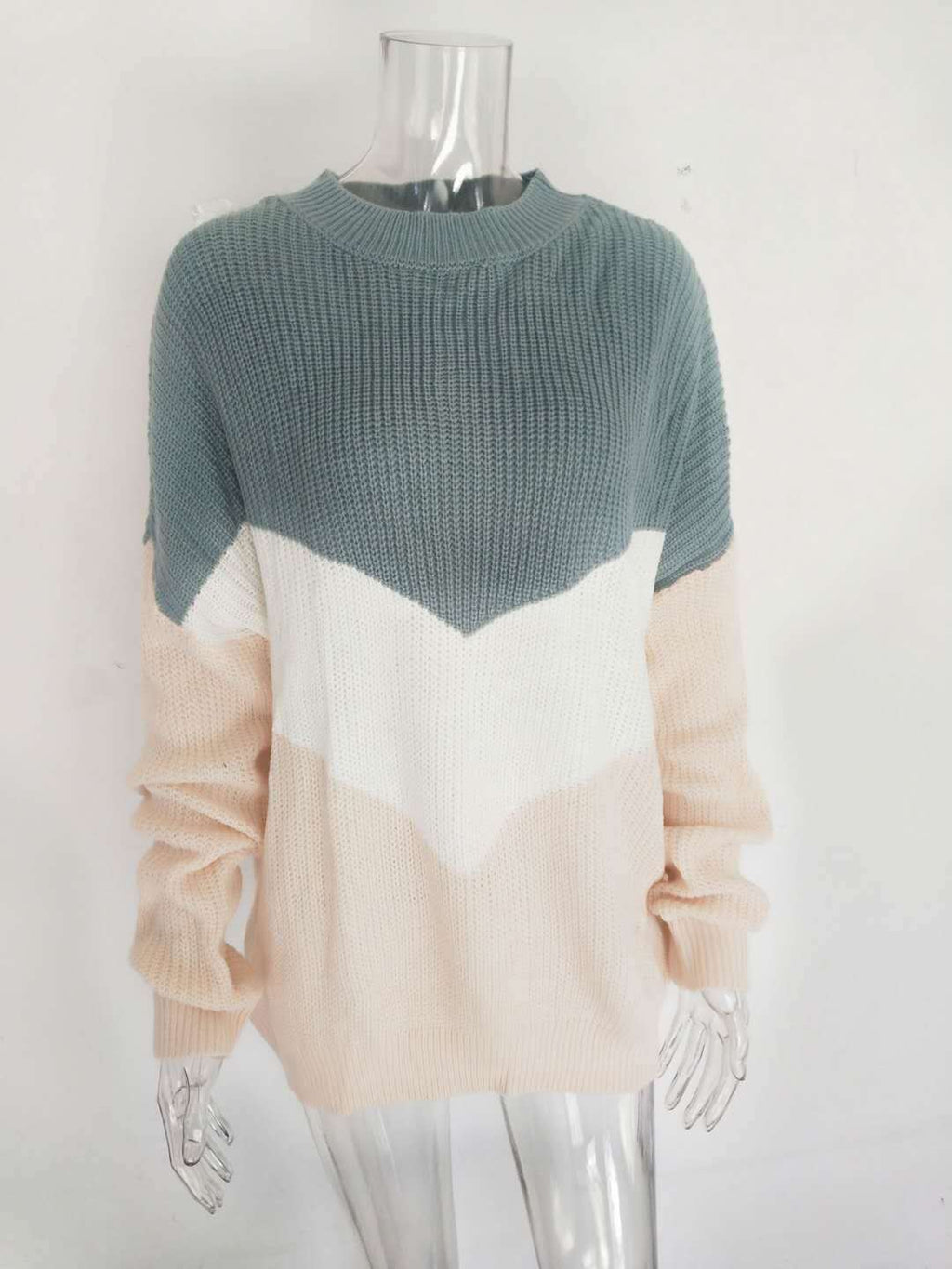 Tricolor Patchwork Knit Sweater Color Block Acrylic