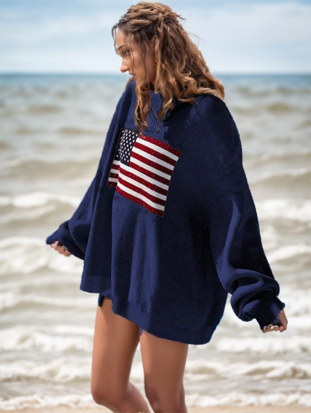 USA Flag Drop Shoulder Long Sleeve Sweater Women