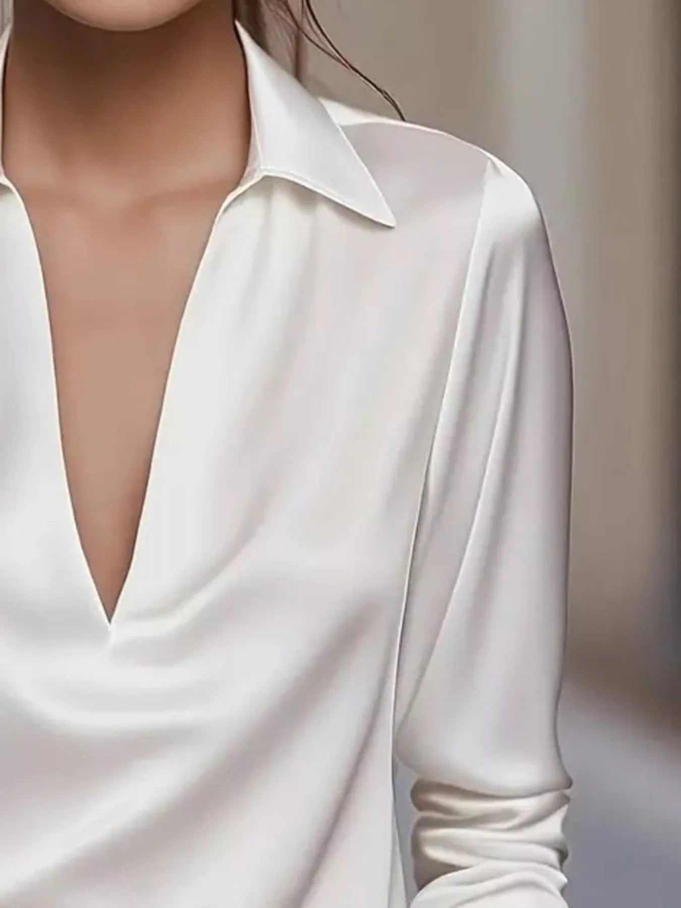 Sarah Express Women's Satin Johnny Collar Long Sleeve Blouse